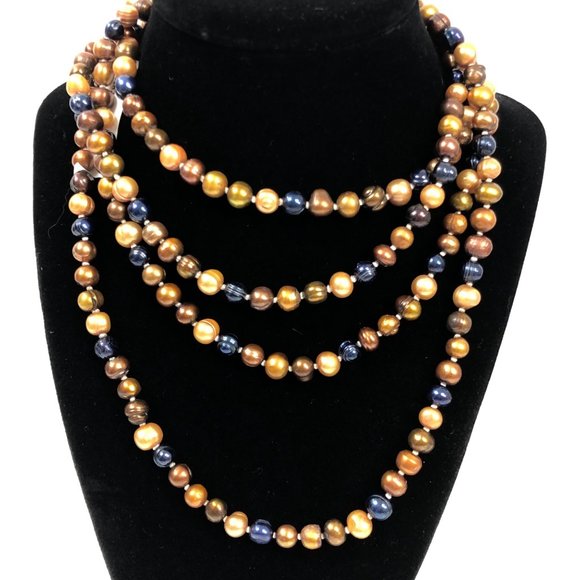 Blue Freshwater Pearl Necklace Extra Long Copper - Picture 2 of 7